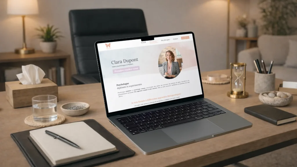 Exemple de site internet pour psychologue affiché sur ordinateur portable dans un cabinet, avec design rassurant et prise de rendez-vous en ligne