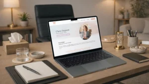 Exemple de site internet pour psychologue affiché sur ordinateur portable dans un cabinet, avec design rassurant et prise de rendez-vous en ligne