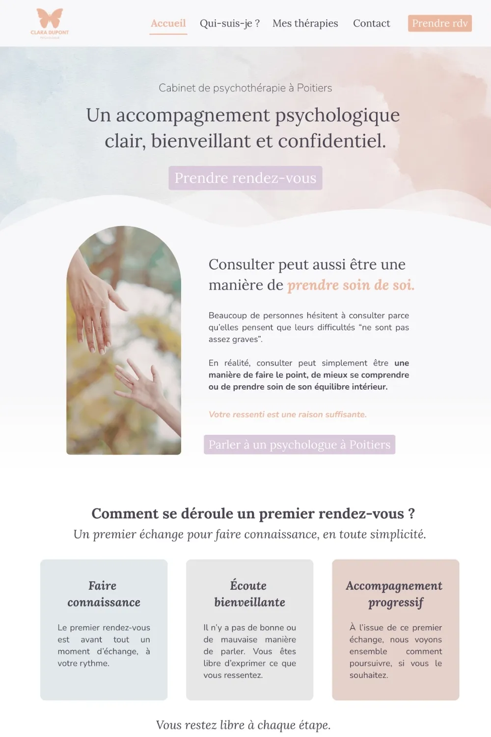 Page d’accueil du site internet pour psychologue modèle Clara avec présentation du cabinet et bouton de prise de rendez-vous