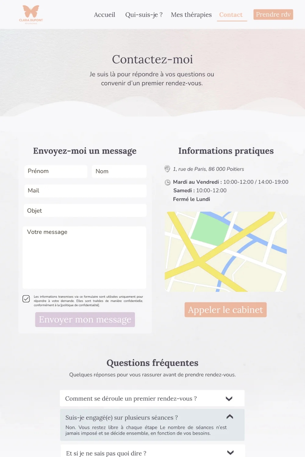 Page Contact du site internet psychologue modèle Clara avec formulaire et informations de prise de rendez-vous