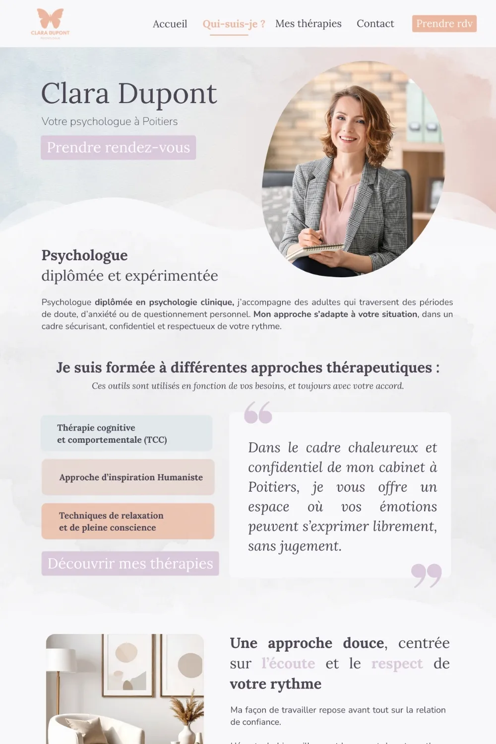 Page Qui suis-je du site internet psychologue modèle Clara présentant le parcours et les spécialités de la professionnelle