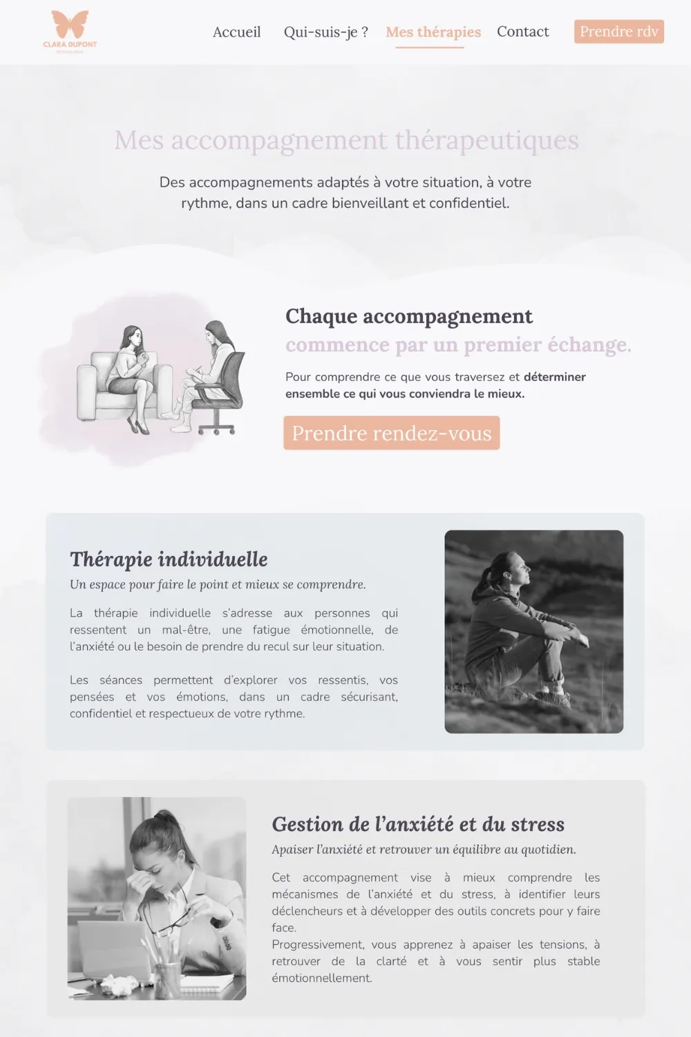 Page Mes thérapies du site internet pour psychologue modèle Clara détaillant les accompagnements proposés